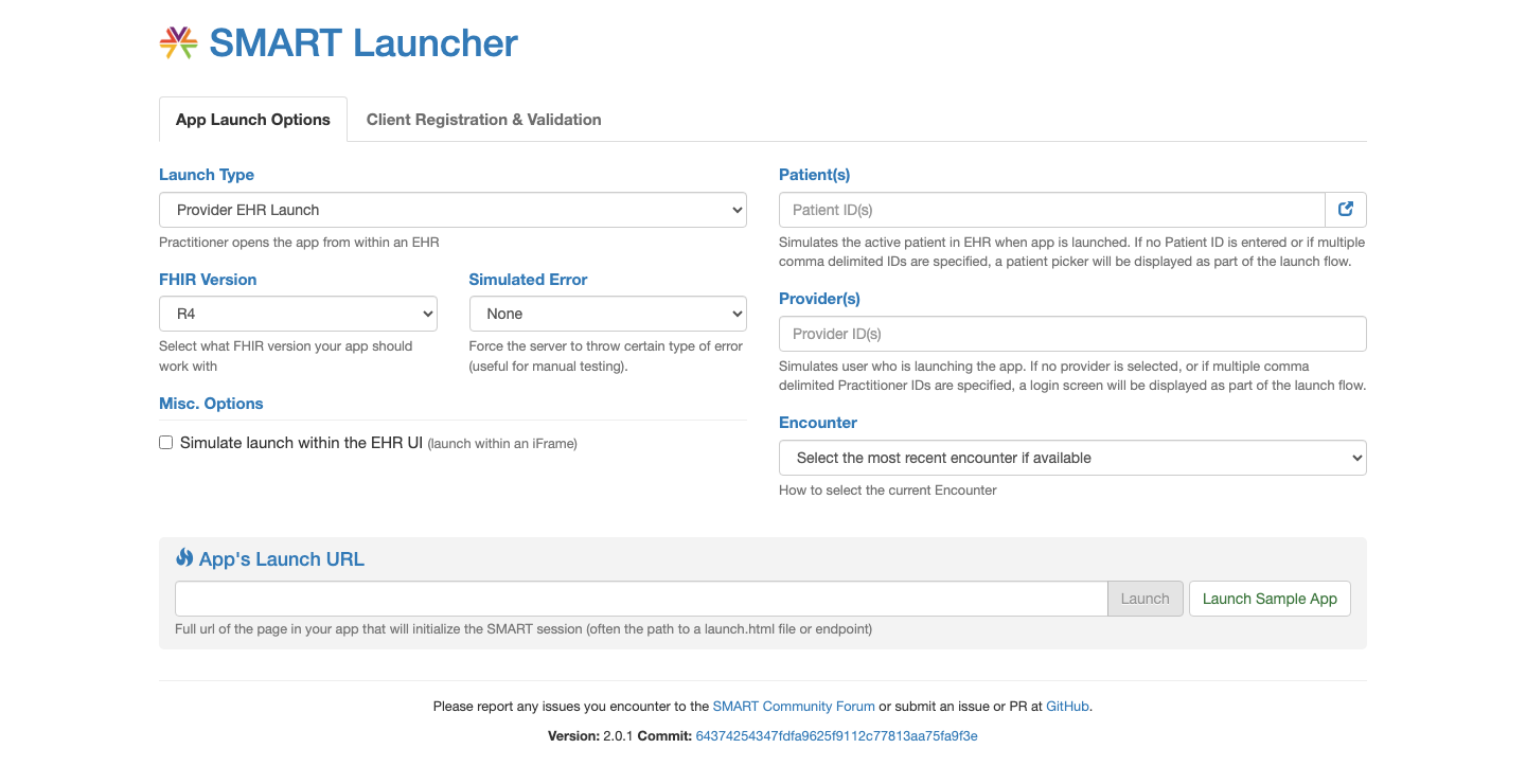 SMART Launcher 首頁，可以設定 Launch Type、FHIR 版本、模擬的病人與醫師，最下面填入 app 的 Launch URL