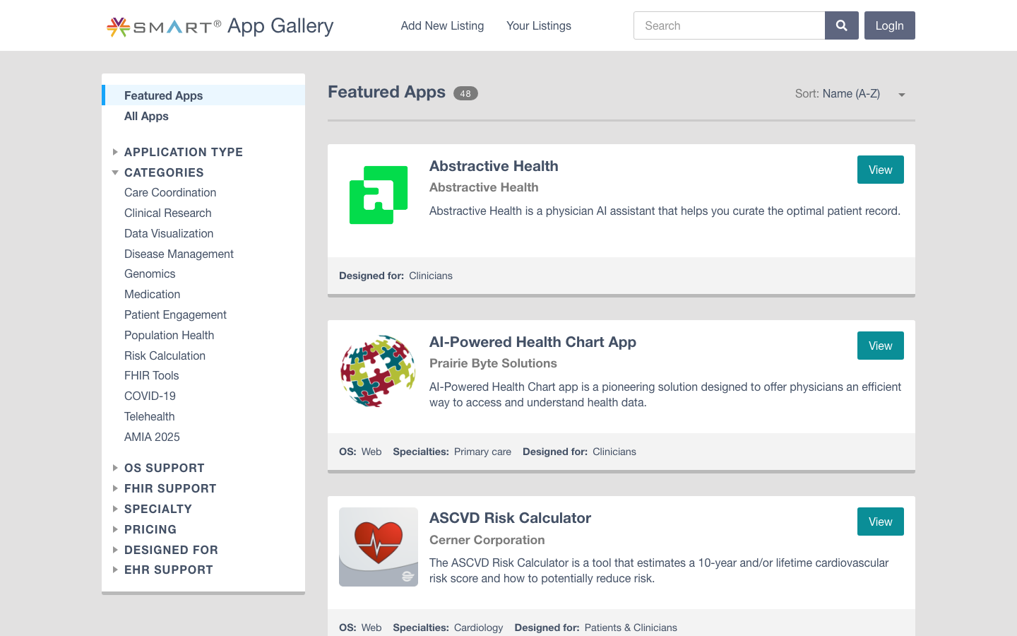 SMART App Gallery 首頁，左側是應用類型與分類篩選，右側列出 Featured Apps