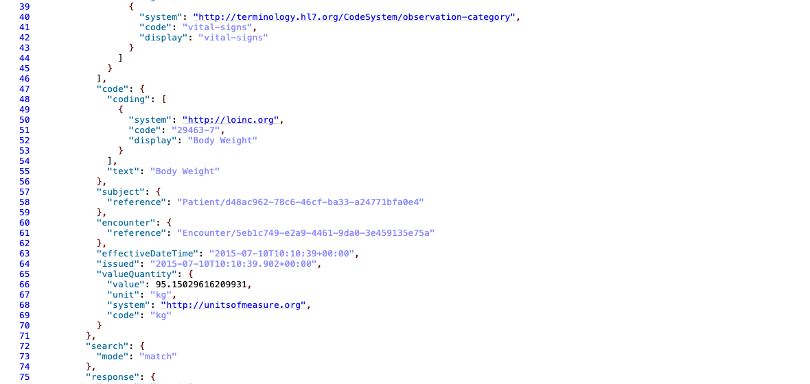 公開 FHIR server 回傳的一筆 Observation，code 區塊是 LOINC 29463-7 Body Weight，subject.reference 指向 Patient/d48ac962-78c6-46cf-ba33-a24771bfa0e4，下方 encounter.reference 另外指向一筆 Encounter，最後 valueQuantity 是 95.15 kg
