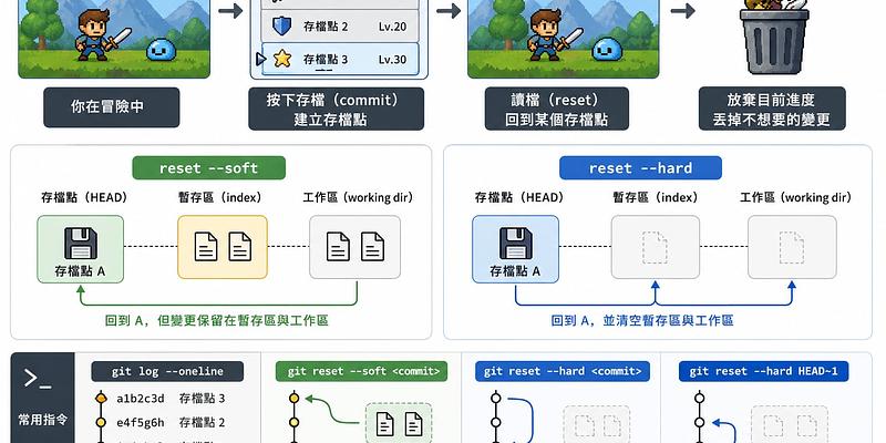 git reset 白話說明：commit 是存檔，reset 是讀檔重來