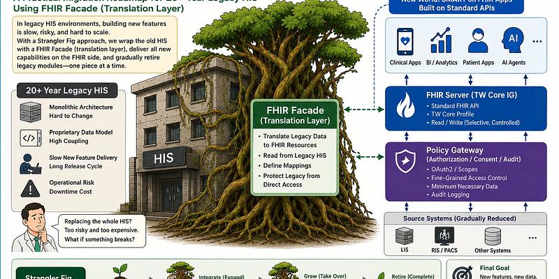 A Workable Proposal for Migrating a 20-Year-Old HIS to SMART on FHIR, One Strangler Fig at a Time